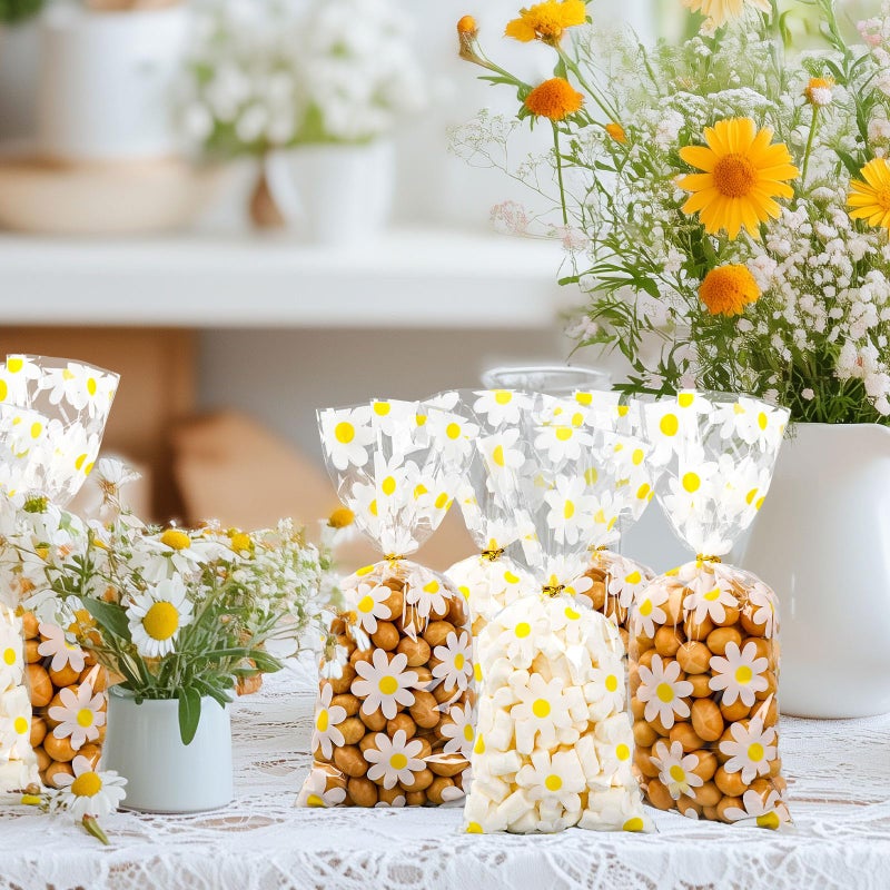 وولاين حقيبة سيلوفان ديزي 100 قطعة من Whaline مع أربطة ذهبية ملفوفة على شكل زهرة بيضاء وأكياس حلوى حلوى بلاستيكية وأكياس زهور تشيلو جودي لربيع وصيف وأعياد ميلاد الطفل وحفلات الزفاف - Image 5